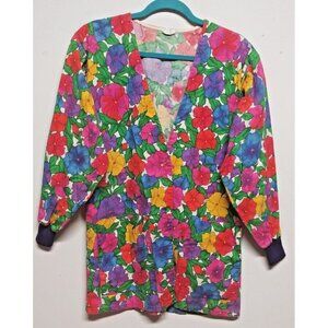 Tafford Scrub Top Womens S/M/L multicolor floral VIBRANT Button Up Long Sleeve